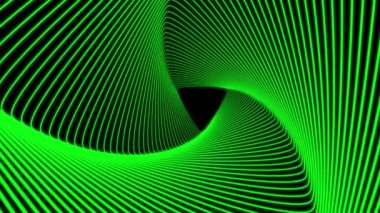 Siyah arkaplanda parlak çizgiler var. Soyut neon arkaplan. Vektör çizimi. Bir hareket grafik üçgen tasarımı teknolojik soyut desen yanılsaması yaratıyor, yeşil neon dalga çizgileri.