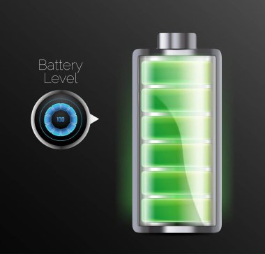 Arka planda düşük ve yüksek enerji seviyelerine sahip pil şarj göstergeleri izole