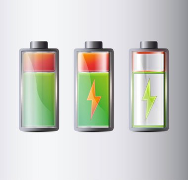 Arka planda düşük ve yüksek enerji seviyelerine sahip pil şarj göstergeleri izole