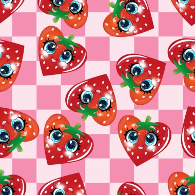 Büyük gözleri olan karikatür çilekli desen.