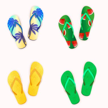 Her birinin kendine has tasarımları ve parlak renkleri olan dört çift parmak arası terlik sergilenir