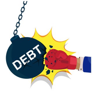 Borçları ödeme özgürlüğü. İşadamı borç topu vektörünü yumrukluyor. İş adamı borç topu resimlerini yumrukladı