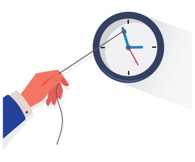 Erkek el, zamanı durdurmak için saate ip bağlıyor. Yaratıcı teslim tarihi çözümü kavramı. Zaman eksikliği durumunda iş benzetmesi.