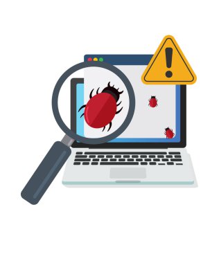 Büyüteç kötü amaçlı yazılım hatası aranıyor. Bilgisayar internet hata virüsü konsepti. Vektör düz çizgi film izole grafik tasarım resimleme