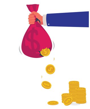 Delikli resimli para çantası. Elinde delik olan para çantası. Altın sikkeleri ve dolar nakitini kaybetmek. Para kaybetmek ve aşırı para harcamak. Düz biçimli vektör illüstrasyonu