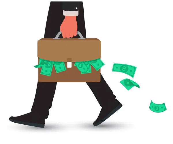 İş adamı içi para dolu çantayı tutuyor. Para kazanmak, kâr, kazanç. Finansal başarı, iş zaferi, gelir. Banknotlar bavuldan sarkıyor. Yolsuzluk, rüşvet, yasadışı gelir.