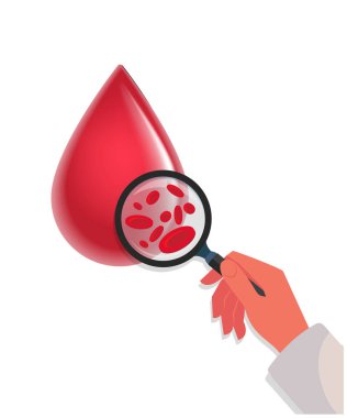 Büyüteçle damlalar. Kan damlası ve büyüteç içeren hematoloji konsepti, düz stil vektör çizimi