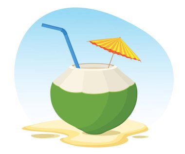 Yeşil hindistan cevizi suyu, kamış ve kağıt şemsiyeli içecek. Yaz egzotik kaçamağı, tatil beldesi, tropikal cennet, tatlı yemeği ve içecek temalı temsili beyazı izole edilmiş vektör çizimi. hisse illüstrasyonu