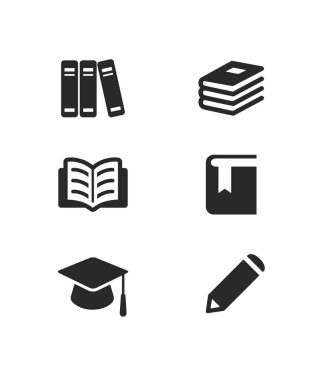 Kalem ve açık kitap tabelaları. Mezuniyet simgesi stok illüstrasyonu