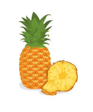 Taze ve kesilmiş halkalar beyaz arka planda izole edilmiş ananas meyveleri.