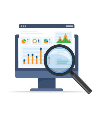Veri analizi ve istatistik kavramı. Masaüstü bilgisayar pc web analizi dijital rapor vektör dairesi, muhasebe piyasa istatistik denetleme konsepti modern tasarım tasarım illüstrasyon