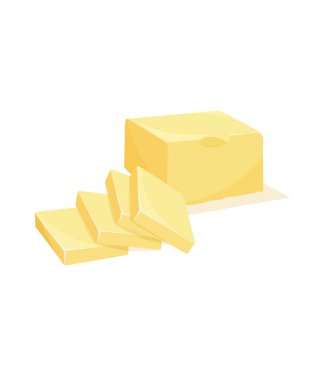 Beyaz porselen tabakta dilimleri olan sarı yağ çubuğu, organik tarım besin. Taze süt ürünü. Kremalı, sağlıklı, lezzetli bir parça briket..