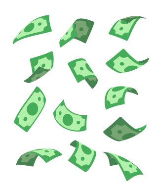 Dolarlar yukarıdan düşüyor. Uçan dolarlar ayarlandı. Para yağmuru, düşen para beyaz arka planda izole edilmiş. Finans, bingo, para birimi, başarı ve yatırım konsepti için vektör illüstrasyon koleksiyonu
