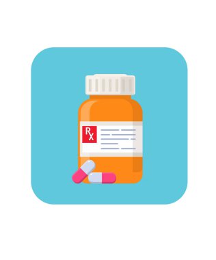 İlaç şişesi ve ilaç kapsülü Tıbbi Düz Tasarım Vektör Çizimi