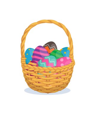 Paskalya yumurtası Baske stok illüstrasyonu. Kahverengi Paskalya Sepeti 'nin vektör çizimi. Beyaz arkaplanda renkli renkli yumurtalar izole edilmiş.