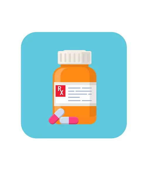 İlaç şişesi ve ilaç kapsülü Tıbbi Düz Tasarım Vektör Çizimi