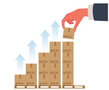 Çevrimiçi satışları artırmak, e-ticaret işini büyütmek, müşteri konseptinden daha fazla ürün siparişi almak, iş adamı daha yüksek paket kutuları inşa ediyor. hisse illüstrasyonu