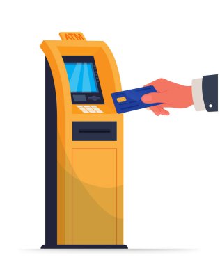 ATM konsepti hisse senedi çiziminden para çekmek. ATM konseptinden para çekmek. Para nakit vektör illüstrasyonunu elde etmek için ATM makinesine el giriş kodları