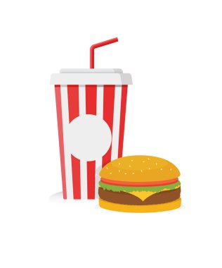 Fast food, hamburger ve meşrubat. Fast food ikonu seti. hisse illüstrasyonu