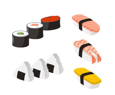 Japon gıda vektörü stok çizimini ayarladı. Japon Gıda, Japon Mutfağı Suşi ve Balık ve Deniz yosunlarıyla Rolls Royce. Deniz ürünleri Gunkanmaki Ikura, Tobiko, Uni, Uramaki hisse senedi çizimleri