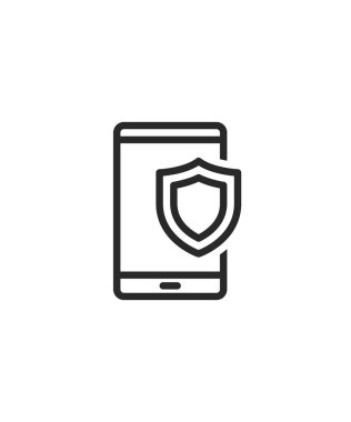 Cep telefonu ikon vektörünü koruyun. Kalkan stok çizimi. Cep telefonu ikon vektörünü koruyun. İnce bir çizgi işareti. İzole edilmiş kontür sembolü gösterimi