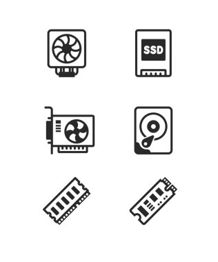 Computer components icons stock illustration. Computer Hardware Line Icons, motherboard, cpu chip, case computer. Computer device icons. Motherboard, CPU and Laptop. SSD memory classic icon set. Quality set. Vector clipart