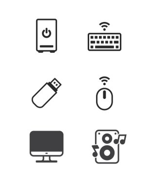 Bilgisayar bileşenleri simgeleri stok illüstrasyonu. Bilgisayar Donanım Hattı Simgeleri, ana kart, işlemci çipi, dava bilgisayarı. Bilgisayar aygıtı simgeleri. Ana kart, işlemci ve dizüstü bilgisayar. SSD bellek klasik simge seti. Kaliteli set. Vektör