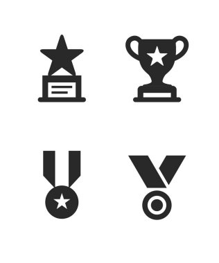 Kupa ve ödül ikonları stok çizimi oluşturur. Beyaz arkaplanda vektör siyah ödülü ve ödül simgeleri