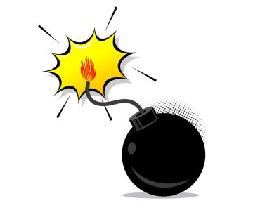 Beyaz arka planda bomba karikatürü çizimi. Bomba patlaması baloncuklu pop sanat tasarımı nokta resimli