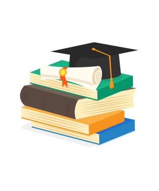 Derece tomarı, kitap yığını ve siyah mezuniyet şapkası çizimi