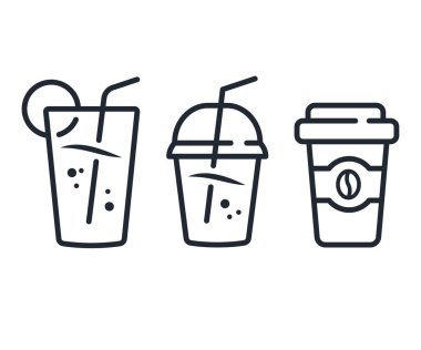 İçecek kupası ikonu seti, kahve ve smoothie, meyve suyu seti kağıt ve plastik bardaklar, stok illüstrasyonu