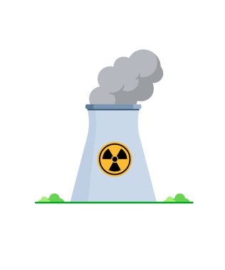 Beyaz zemin üzerinde izole edilmiş düz vektör illüstrasyon tarzında nükleer enerji santrali, elektrik üretimi ve çevresel etki kavramlarını temsil etmektedir. hisse illüstrasyonu