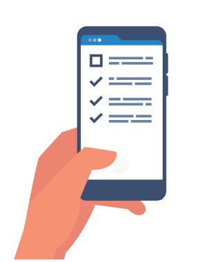 Yanıt seçimi, anket formu, sınav hazırlığı, çevrimiçi test, akıllı telefon illüstrasyonunda kontrol listesi