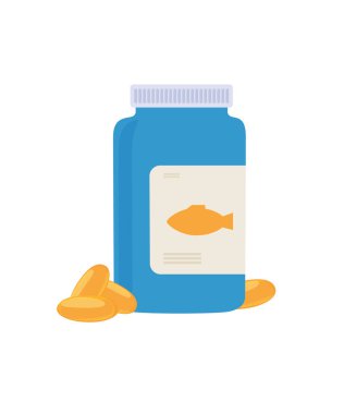 Şişedeki balık yağı kapsülleri. Beyaz arkaplanda vektör çizimi izole edildi. hisse illüstrasyonu