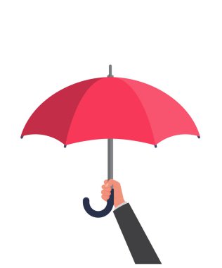 Elinde tutan şemsiye. Vektör çizim düz tasarımı. Koruma simgesi. Güvenlik kavramı. Beyaz arka plan üzerinde izole.
