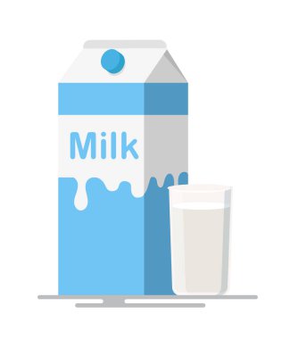 Çizgi film tarzında karton kutu ve bir bardak taze süt.