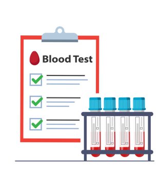 Tutacağında kan olan tıbbi test tüpleri ve beyaz arka planda test sonuçları. hisse illüstrasyonu
