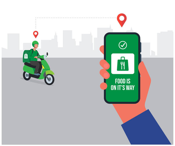 Hand holding mobile application tracking a delivery man stock illustrationHand holding mobile application tracking a delivery man stock illustration