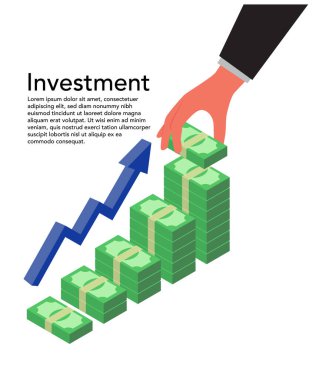 İş yatırımı konsepti. Ok stoku çizimi ile izometrik para yığını artıyor