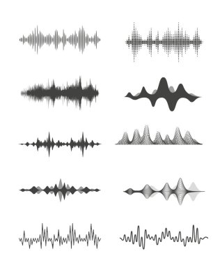 Ses dalgaları koleksiyonu. Analog ve dijital ses sinyali. Müzik eşitleyicisi. Parazit ses kaydı. Yüksek frekanslı radyo dalgası. Stok illüstrasyonu