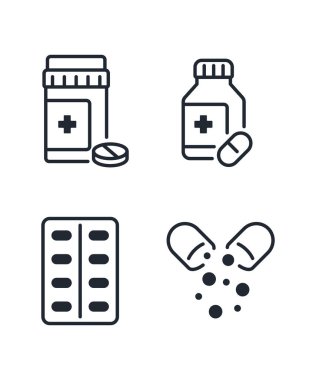 Tıbbi haplar ve şişe simgeleri stok illüstrasyonunu ayarlar