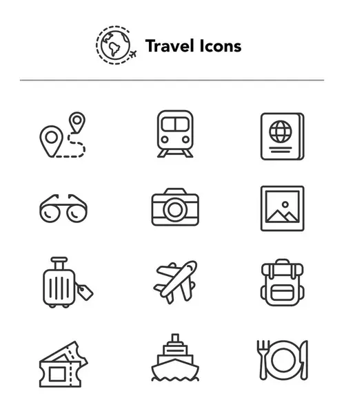 Seyahat Hattı Simgeleri. Düzenlenebilir Vuruş. Piksel Mükemmel. Mobil ve Web için. Kamera, Kokteyl, Pasaport, Günbatımı, Uçak, Otel, Yolcu Gemisi, ATM, Palm Tree, Sırt Çantası, Restoran gibi ikonlar içerir. hisse illüstrasyonu