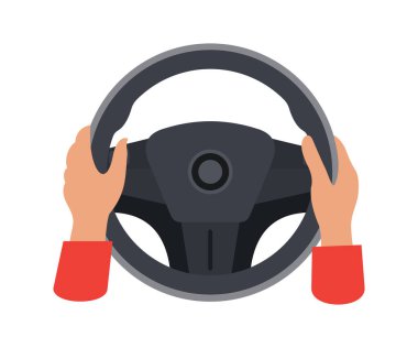 Hand Holding Car Steering Wheel. Hands on steering wheel. Driver. Driving car. Test drive. Landing page driving lessons. Vector flat illustration stock illustration