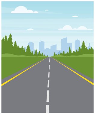 Green Landscape with Trees and buillding silhouette. Road to city landscape, Vector illustration stock illustration