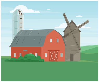 Çiftlik ahırı ve ambar binası yeşil çiftlik arazisi çizimi vektör çizimi, beyaza izole edilmiş. vektör illüstrasyonu