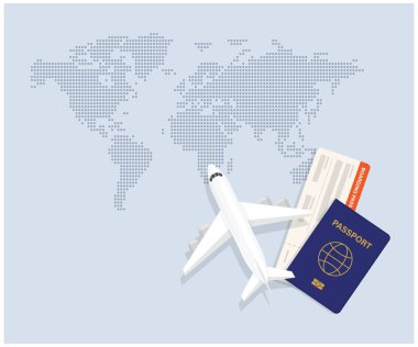 Uçak üstten görünüm. Yolcu veya ticari jet, pass ve pasaport yatılı. Dünya harita nokta. Haritacılık ve Coğrafya. Aircrfat lat tarzı. Yolculuk ya da tatil, iş gezisi. Vektör çizim