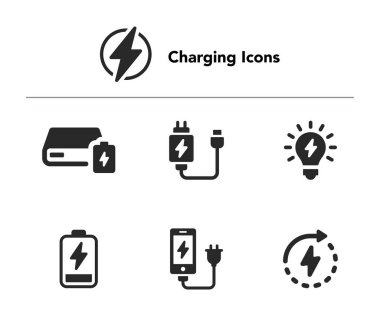 Şarj, pil, enerji, elektrik, şarj aleti, şarj istasyonu simgeleri içeriyor. Katı simge koleksiyonu. Vektör illüstrasyonu.