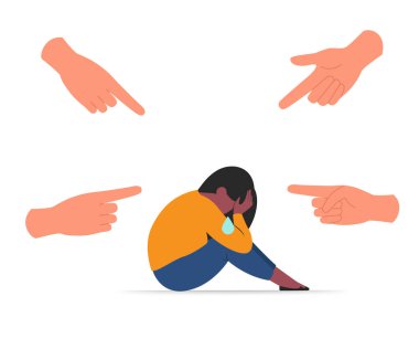 Depresyondaki genç kadın ağlıyor ve yüzünü kapatıyor. İşaret parmakları onu işaret eden ellerle çevrili bir kız. Zorbalık, suçlama, halk kınaması ve kurban suçlama konsepti. hisse illüstrasyonu.