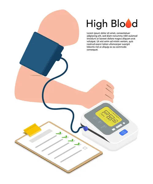 Yüksek tansiyon konsepti vektör stok çizimi. Atardamar Kan Basıncını Dijital Aygıt Tonometresiyle Denetleyen Hasta