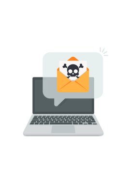 Dizüstü bilgisayar, kötü amaçlı yazılım konsepti, virüs, spam, kötü niyetli uygulama ya da bir dizüstü bilgisayarı hackleme uyarısı. Zarflı zararlı yazılım ileti stoku çizelgesi
